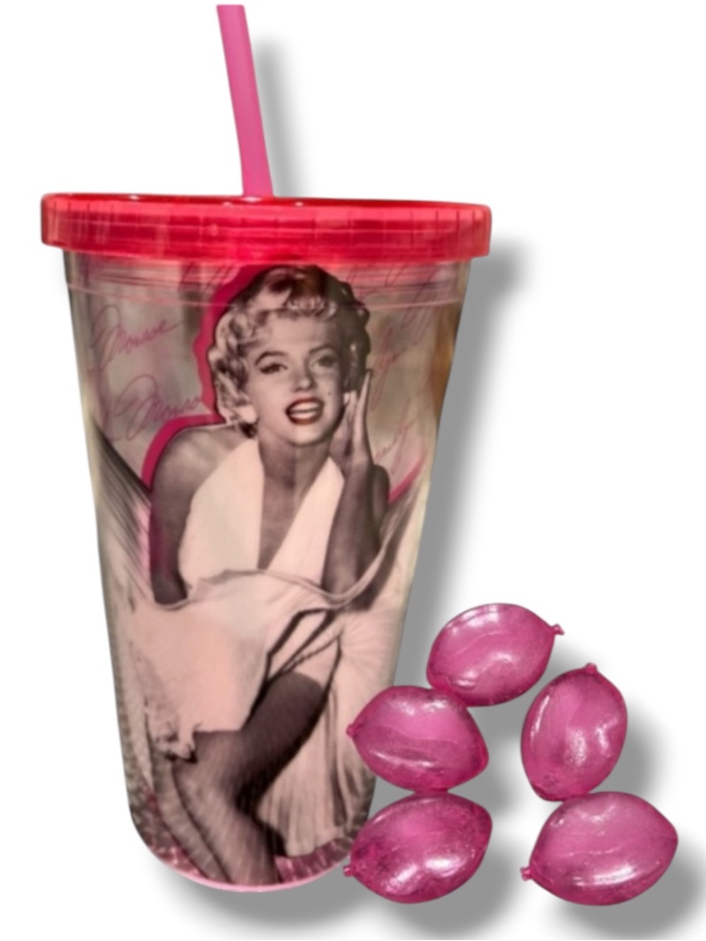 Marilyn Monroe Pink Cup Drink Tumbler & Pink Lips Ice Cubes